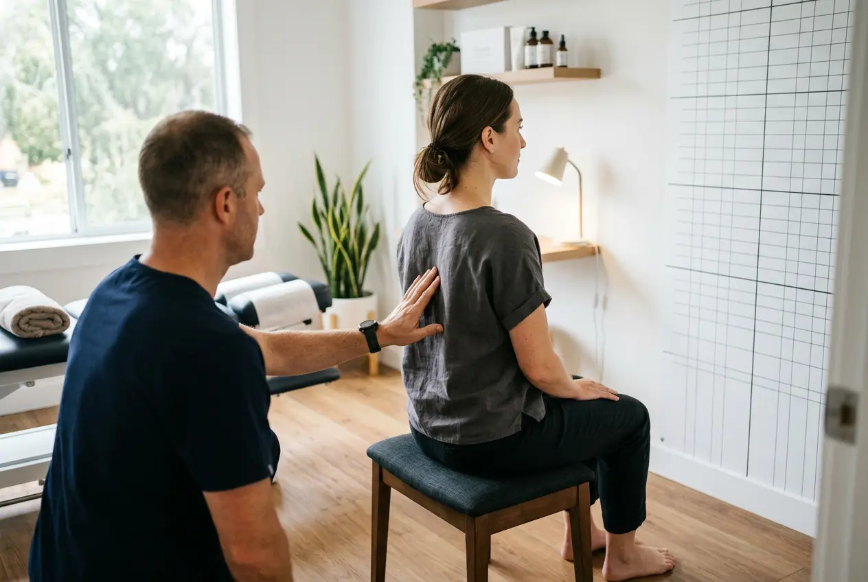 Arvada chiropractor evaluating a seated patient's cervical spine posture and upper back movement