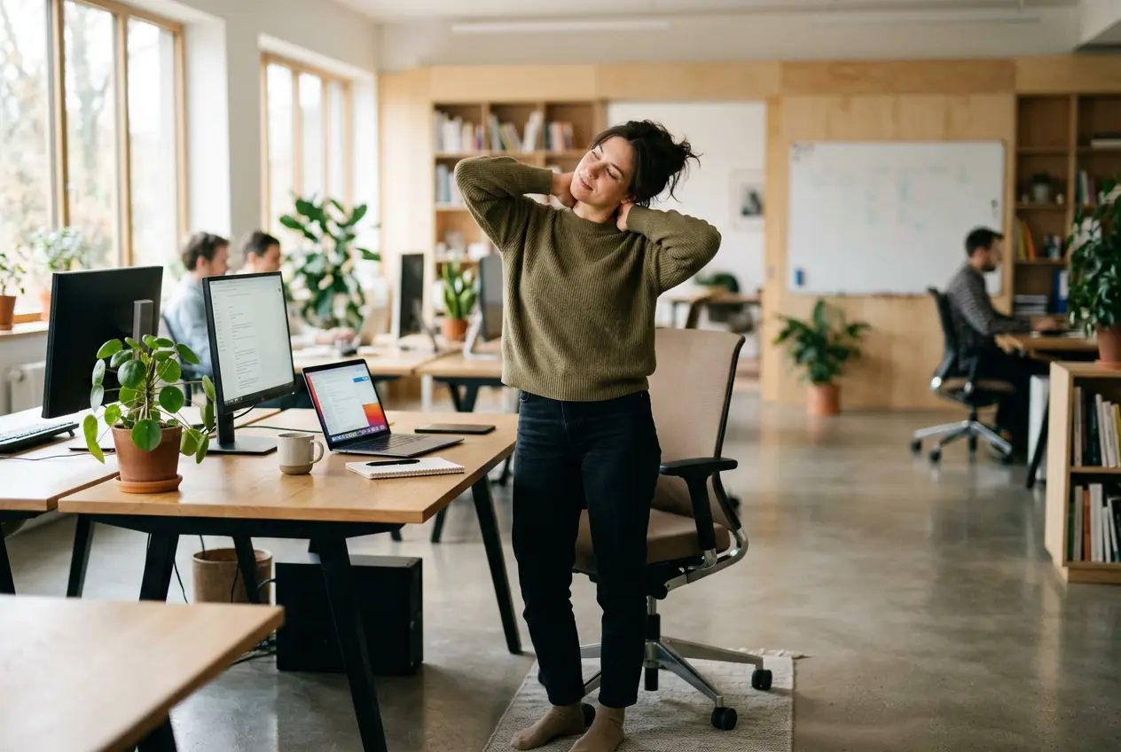 Woman standing at her desk stretching a tight neck and shoulders during the workday