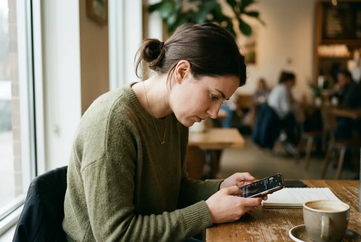 Woman looking down at her phone in a cafe, a forward head posture habit that can trigger headaches