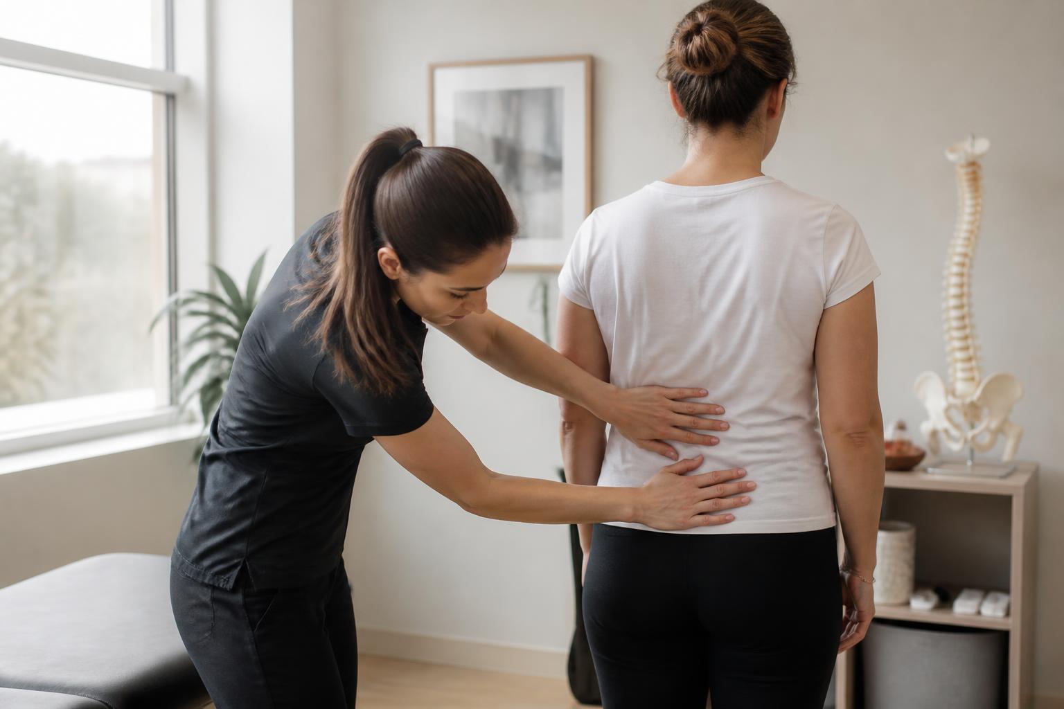 Arvada chiropractor performing a posture and spinal mobility examination on a standing patient's lower back
