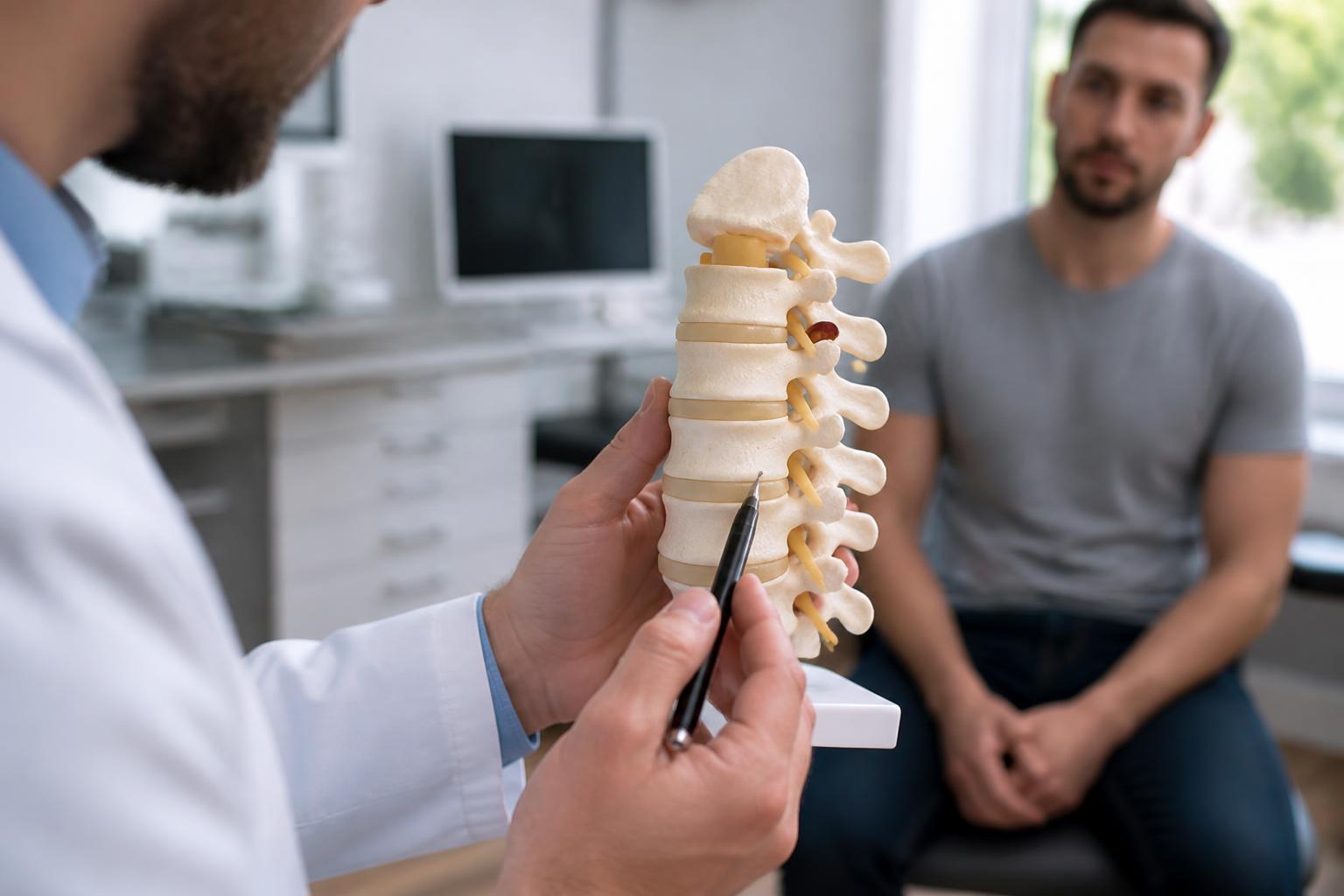 Chiropractor pointing to an intervertebral disc on a lumbar spine model while explaining a herniated disc to a patient