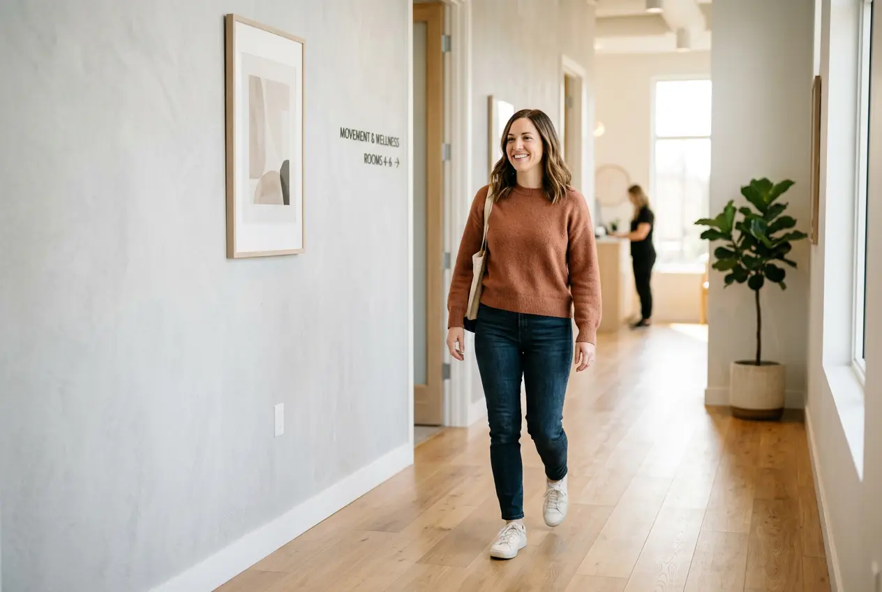 Smiling patient walking comfortably through a bright chiropractic clinic hallway in Arvada