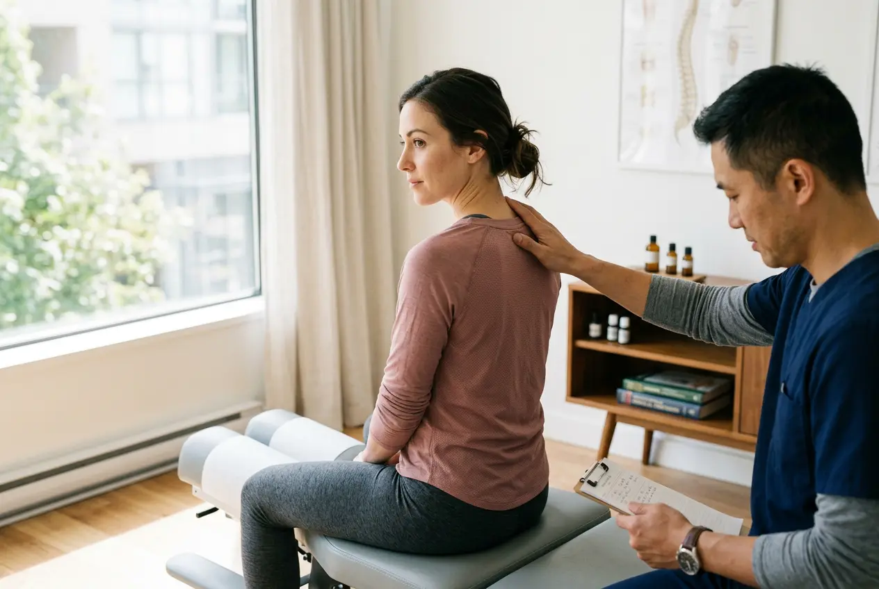 Arvada chiropractor assessing a seated patient's neck and shoulder muscle tension during an exam
