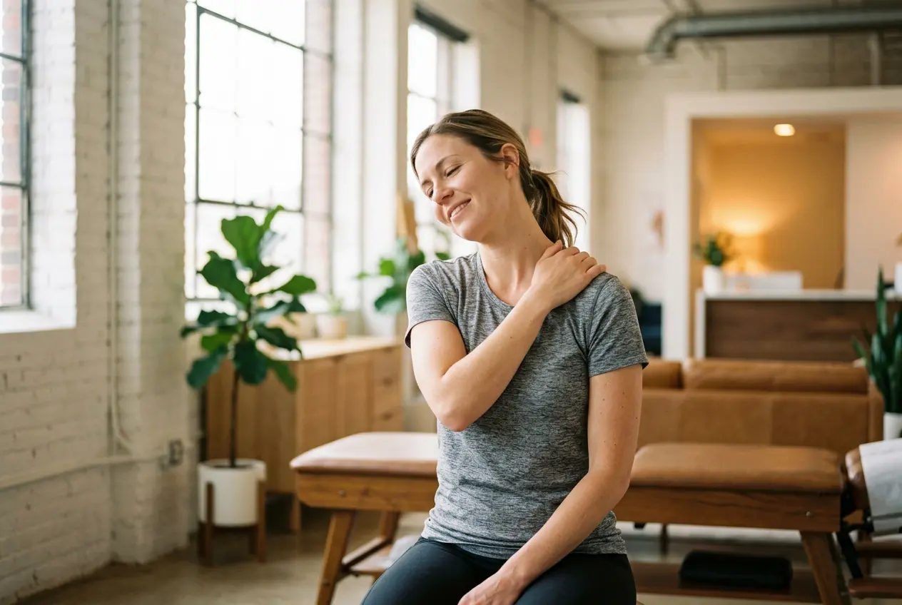 Patient easing neck and shoulder tension after headache-focused chiropractic care in Arvada
